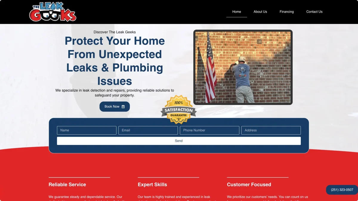 The Leak Geeks website home page built by Peak Leads, web development for a leak detection and plumbing company