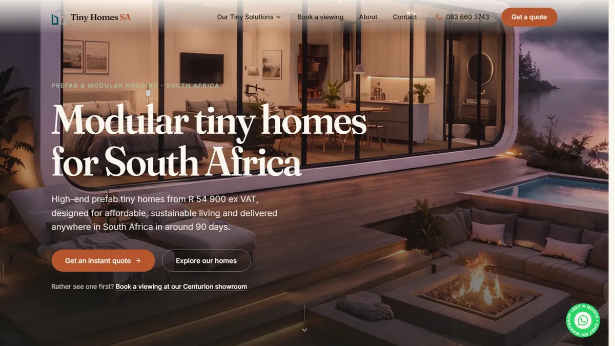 Tiny Homes SA website home page built by Peak Leads, web design for a prefab and modular home builder in South Africa