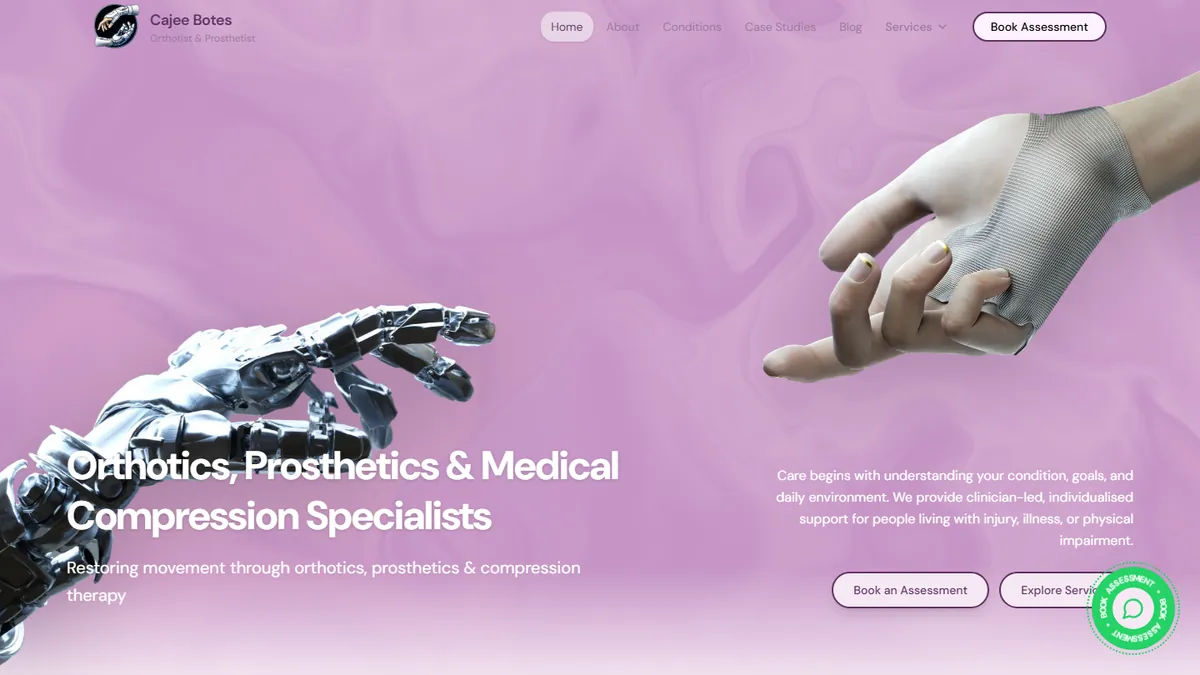 Cajee Botes website home page built by Peak Leads, web design for an orthotics, prosthetics and medical compression practice