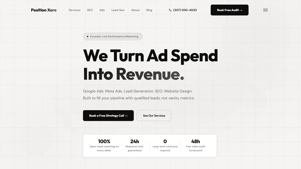 Position Xero website home page built by Peak Leads, web design for a performance marketing and lead generation agency