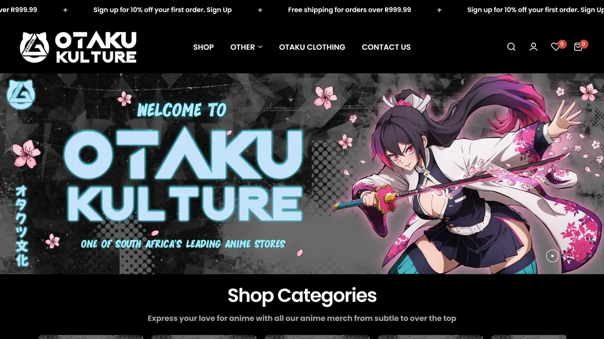 Otaku Kulture website home page built by Peak Leads, web design for an anime and streetwear online store